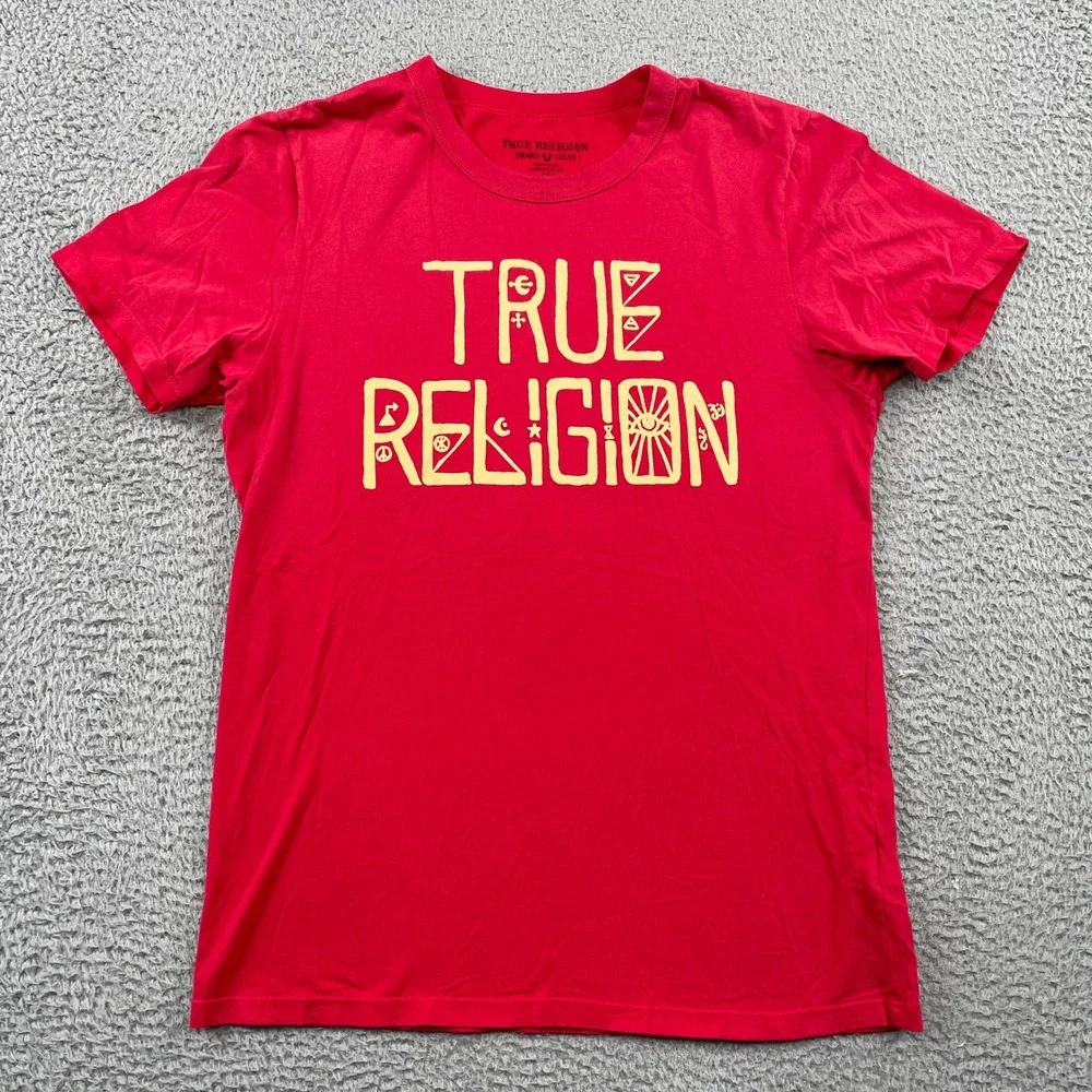 True Religion T-Shirt Mens Medium Red Graphic Logo Short Sleeve Cotton USA Made